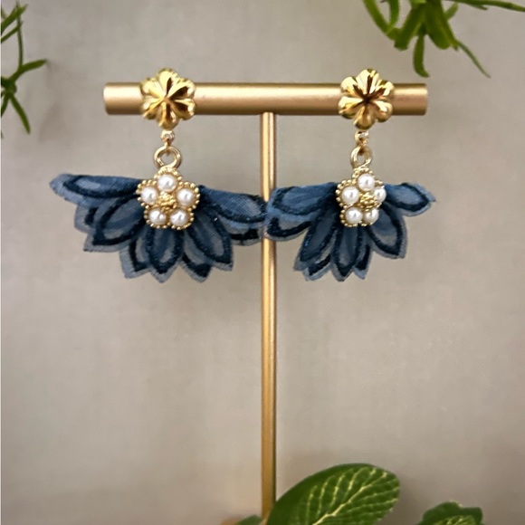 Elegant Blue Flirty Tassel Fabric Dangle Earrings - Romantic Floral Earrings - Picture 9 of 11